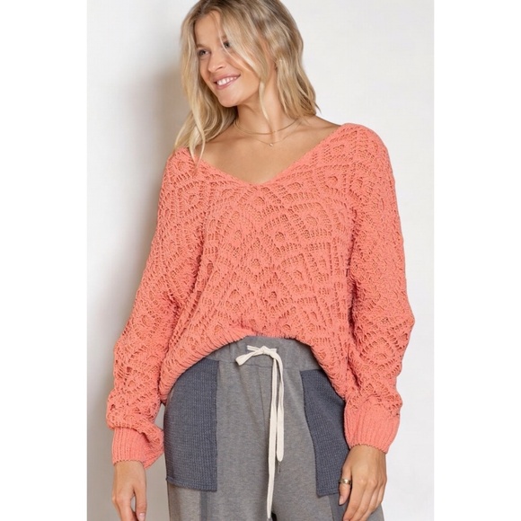 POL Light Coral Chenille Diamond Patterned Textured Knit Sweater - Picture 11 of 11